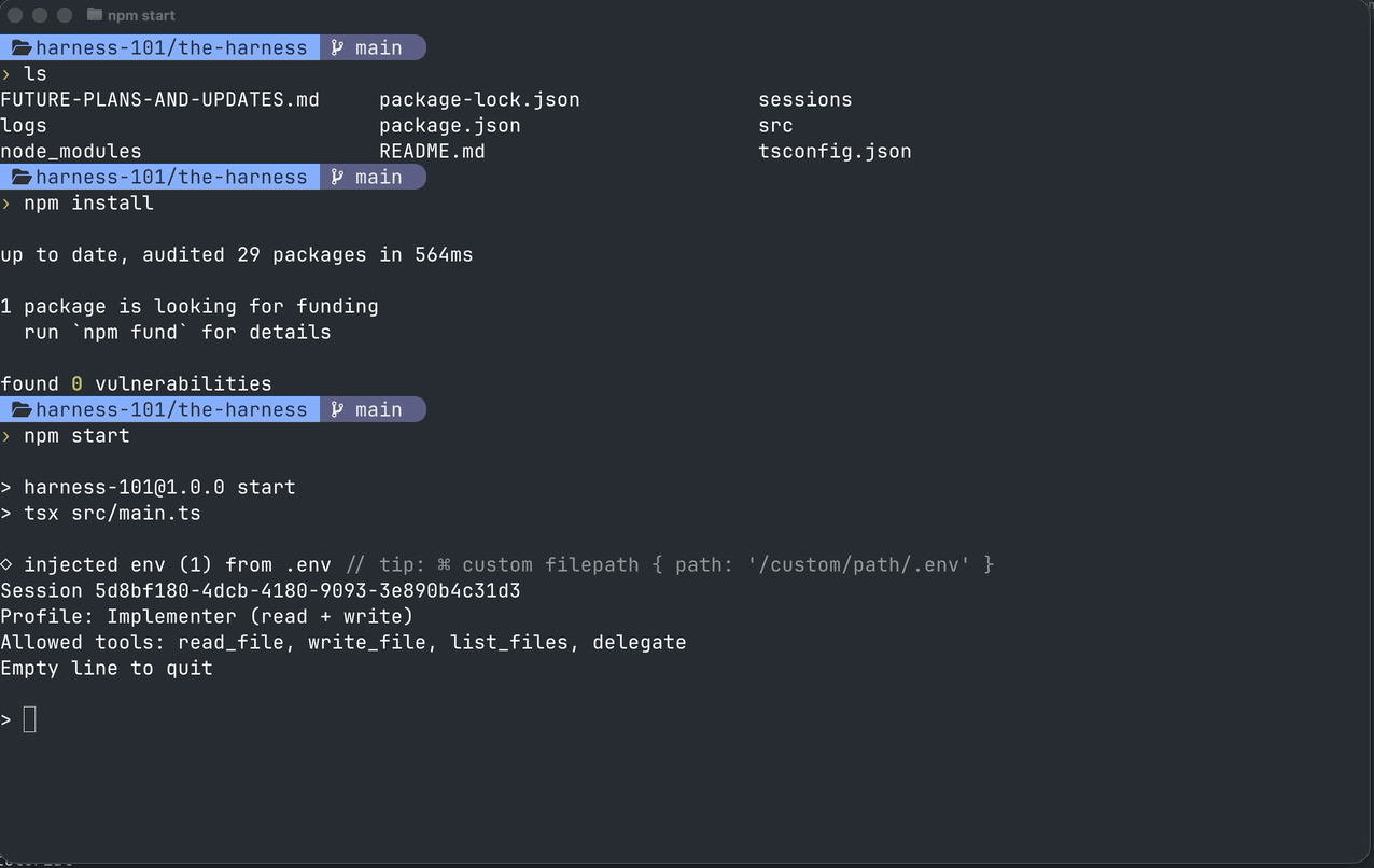 Harness 101 terminal demo — agent loop reading files, calling tools, and returning a reply
