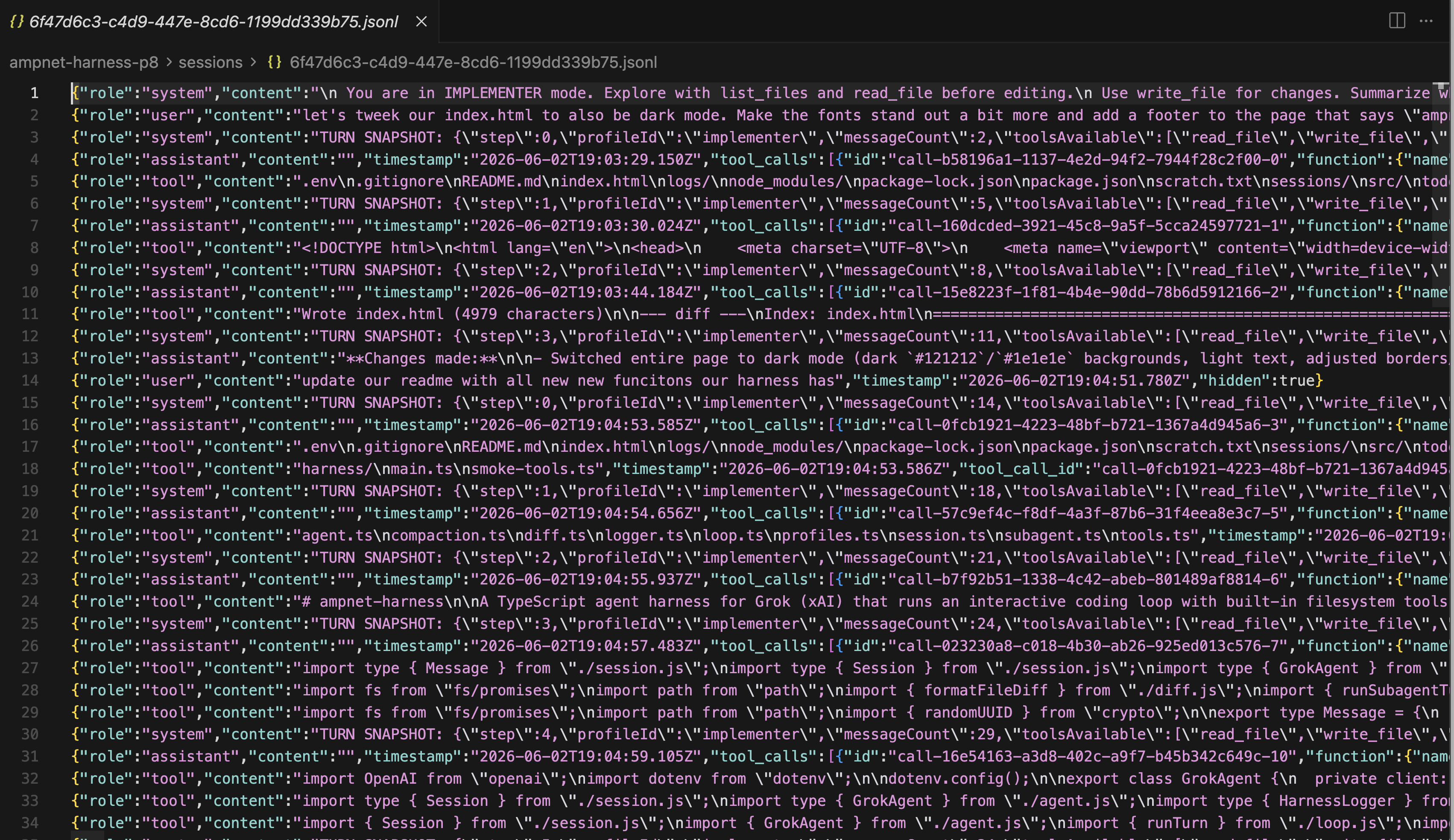 Session JSONL and structured log files after a harness run