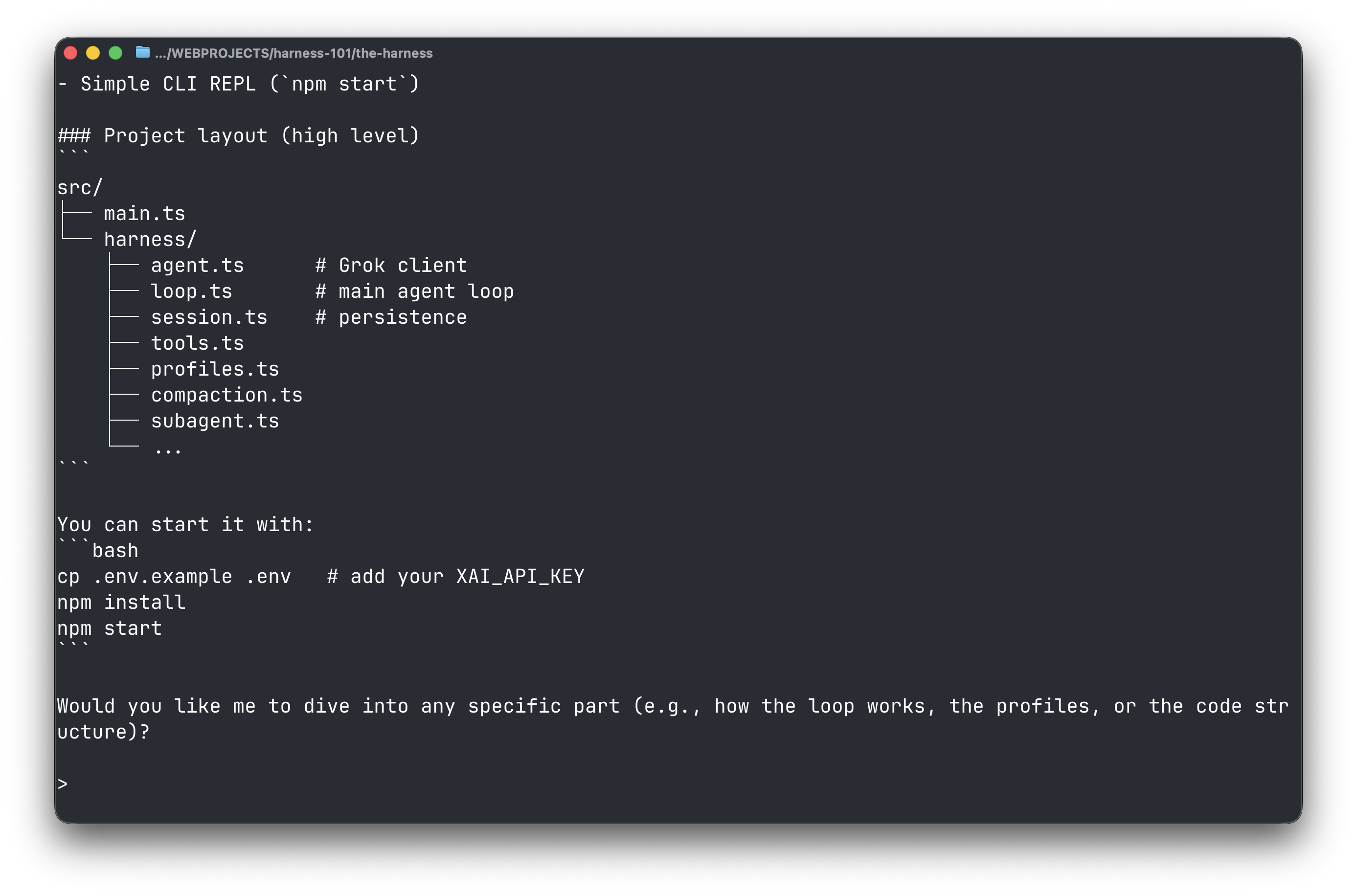 Harness running in a terminal with session id and profile shown