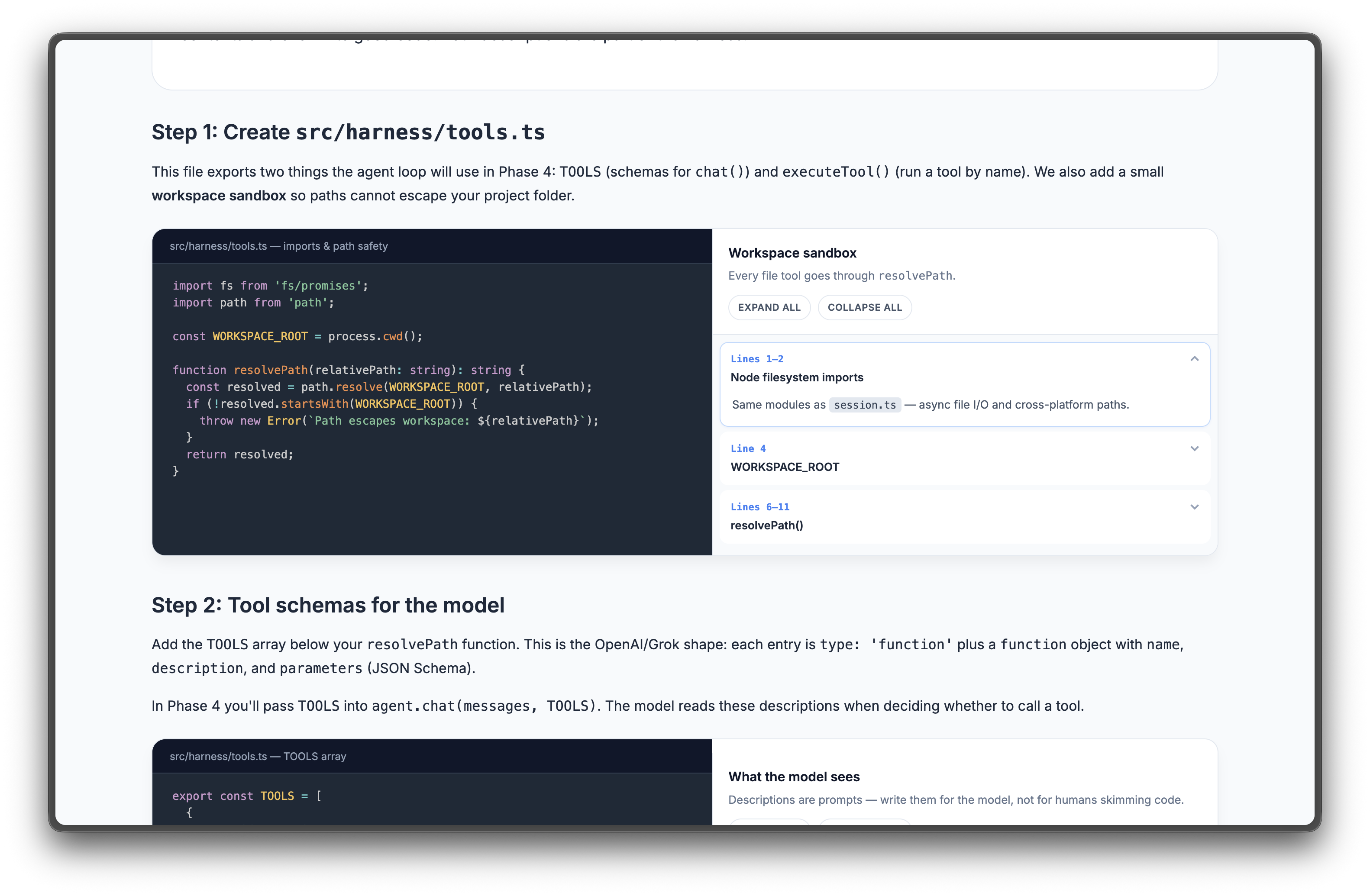 Tutorial code block with explanation sidebar expanded