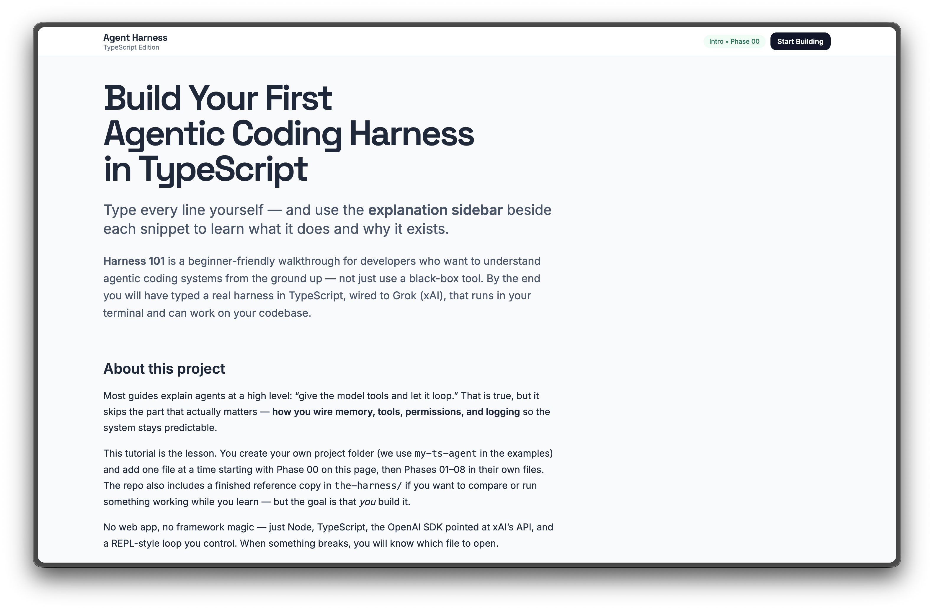 Harness 101 tutorial landing page in a browser